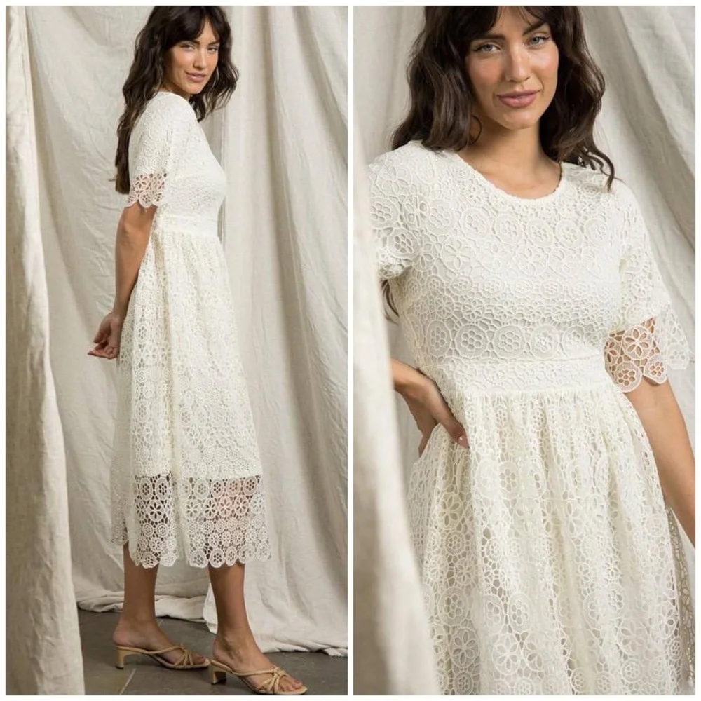 LAST 1❗️POLAGRAM White Embroidery Crochet Midi Dress - Picture 8 of 14